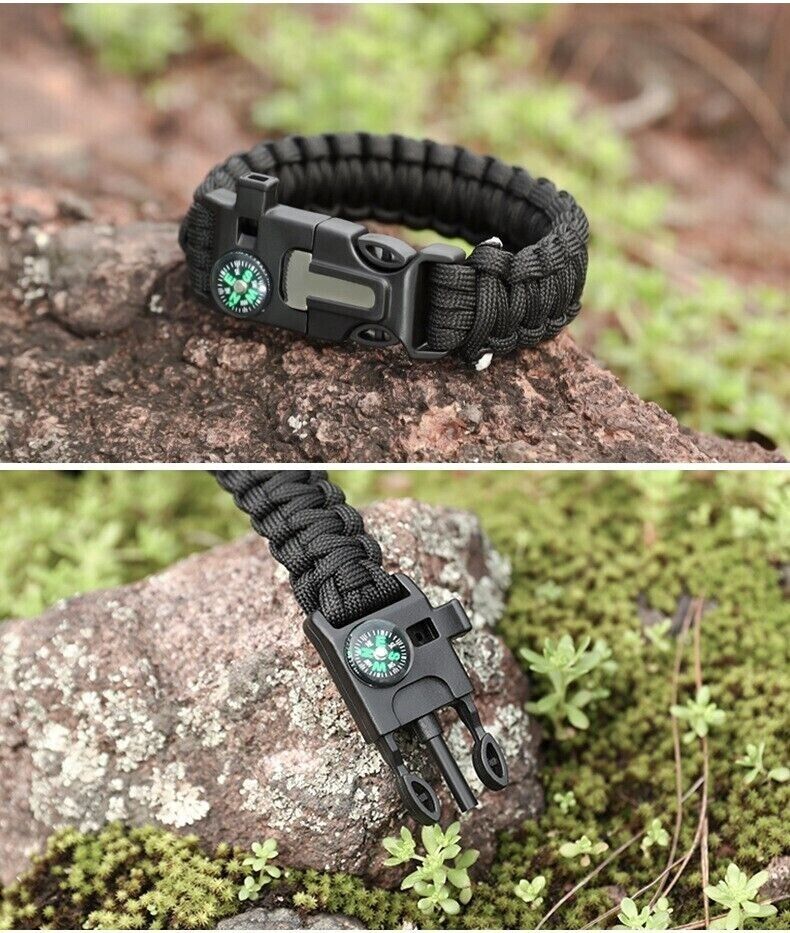 5 in 1 Multifunction Survival Bracelet Umbrella Rope Braided Whistle Flintstone
