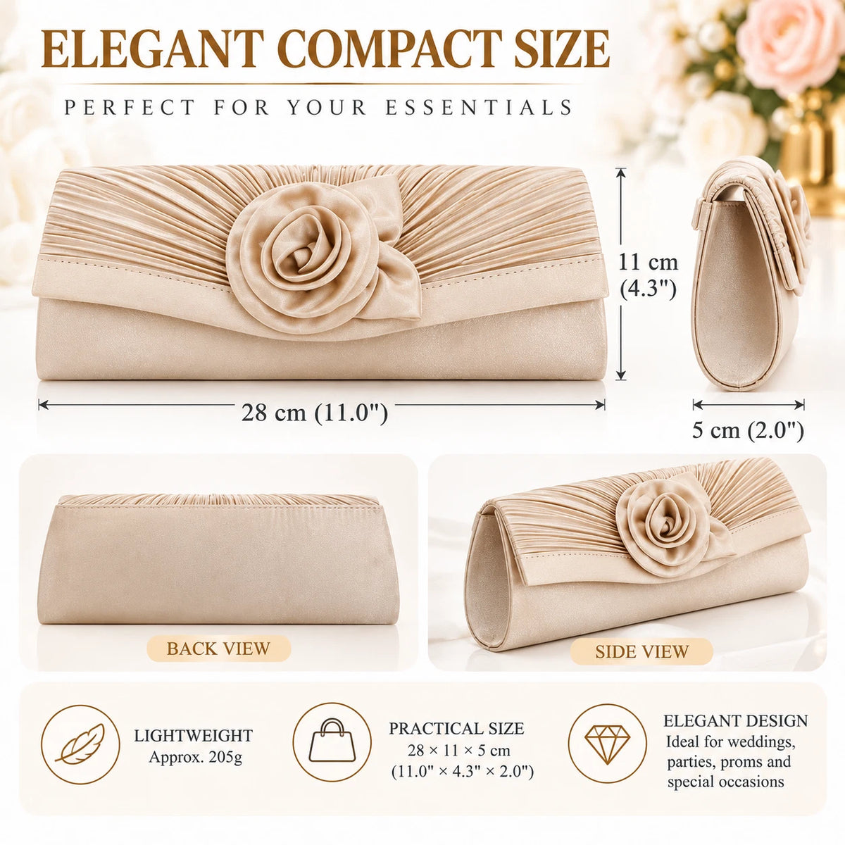 Women Satin Flower Evening Clutch Bag Wedding Party Prom Bridal Shoulder Handbag 15 Colour