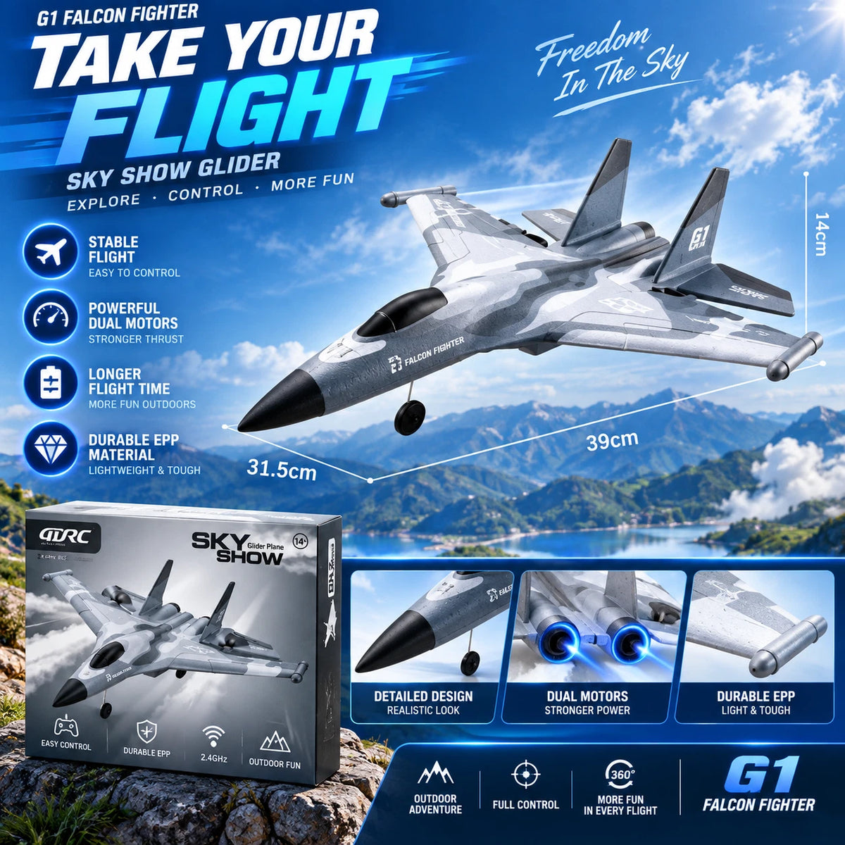 G1 3CH RC Fighter Jet Plane 2.4GHz Gyro Remote Control Aircraft Glider EPP Toy