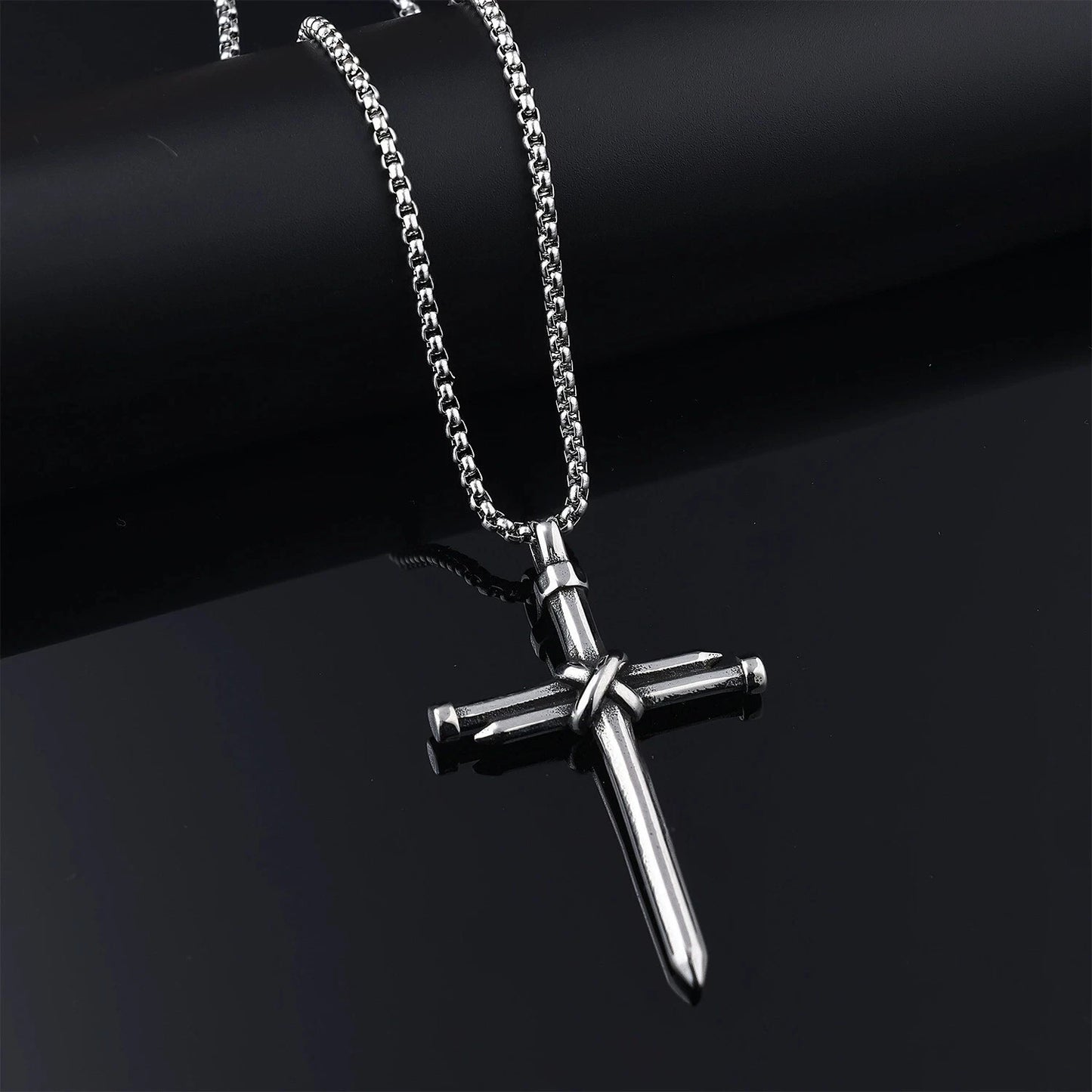 Men Stainless Steel Nail Cross Necklace Silver Crucifix Pendant Religious Jewelry Chain PN0328