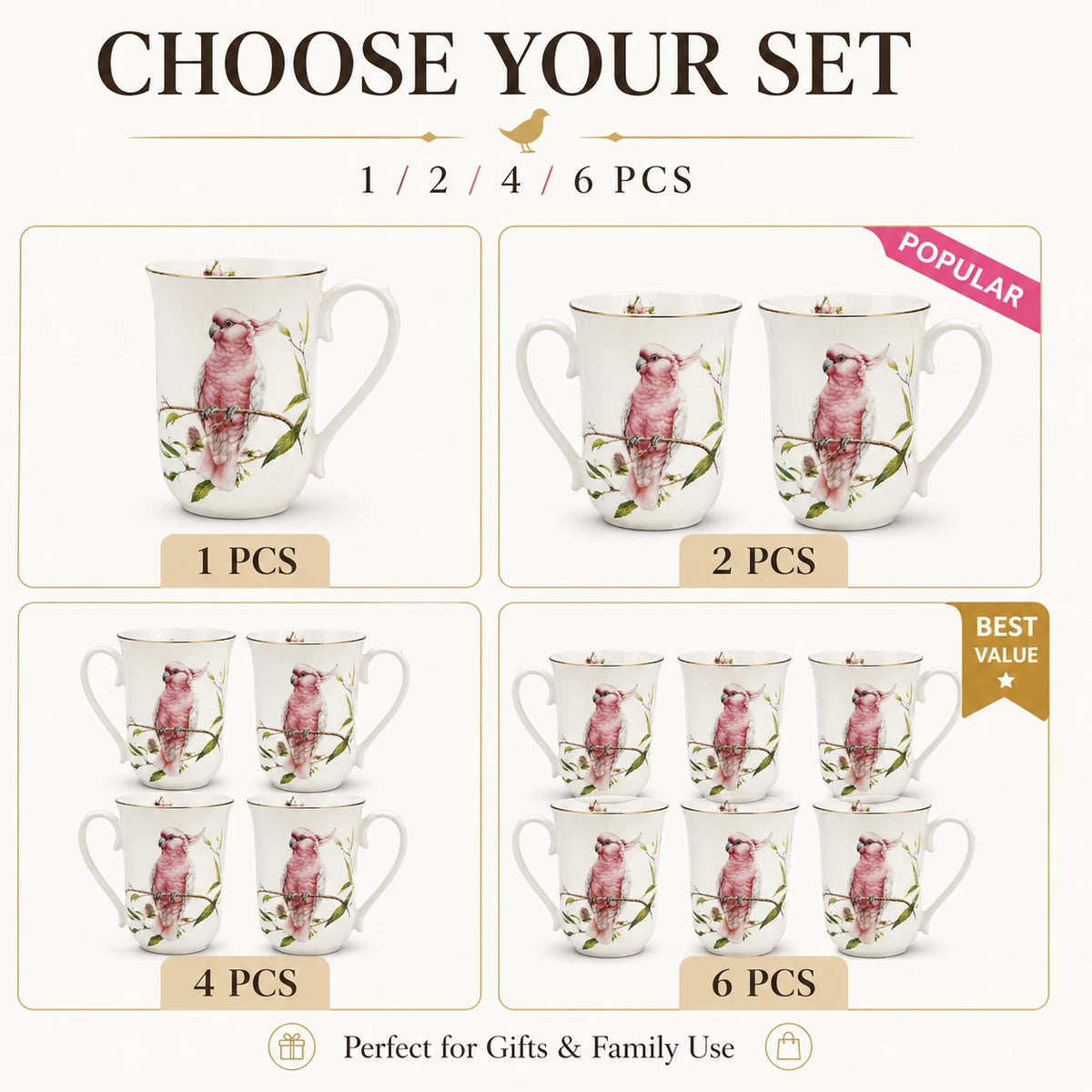 1-6x Australia Bird 405cc Fine Porcelain Coffee Mug Cockatoo Pink Yellow Tea Cup Gift