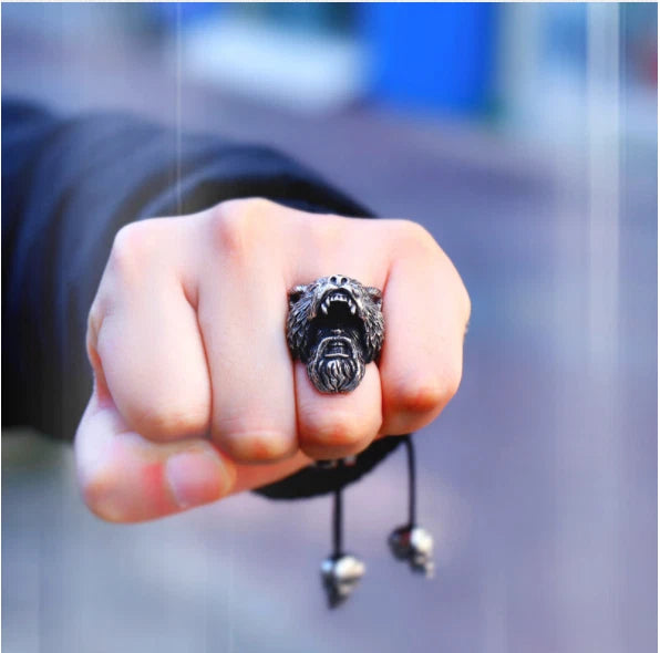 Men's Premium Norse Viking Ring Bear Head & Warrior Gothic Punk Style Biker Band # R96