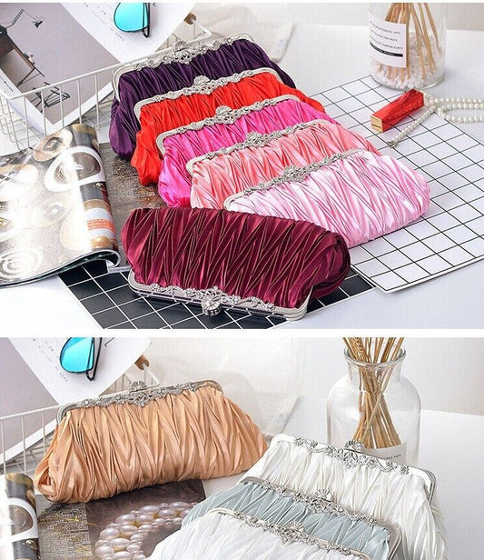 Women Satin Wedding Party Bag Bridal Cocktail Prom Pleated Dinner Evening Clutch