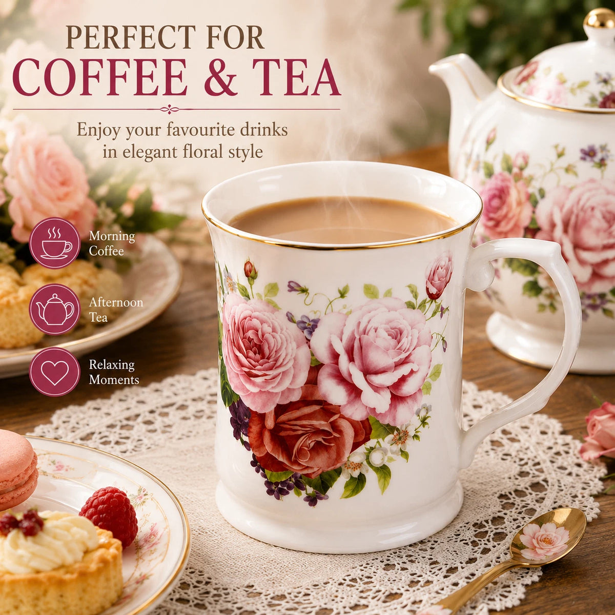 1-6x Vintage Pink Rose Mug 415ml Fine Porcelain Coffee Tea Cup Floral Gift