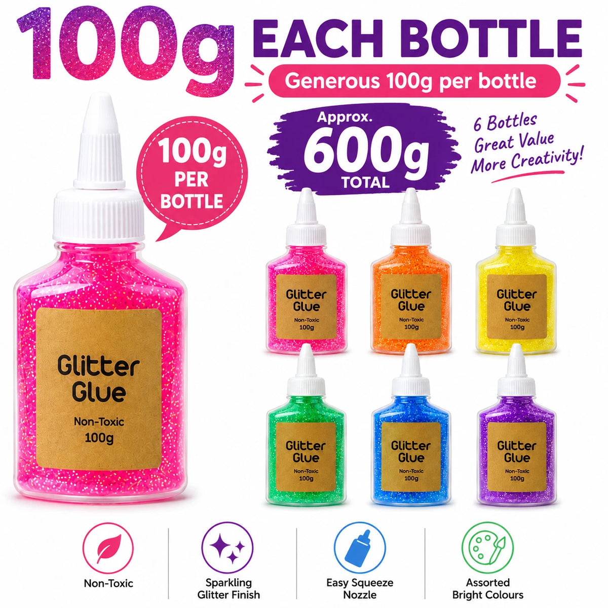 6 Pack 100g Glitter Glue Assorted Colours Sparkle Art Craft DIY Adhesive Decor