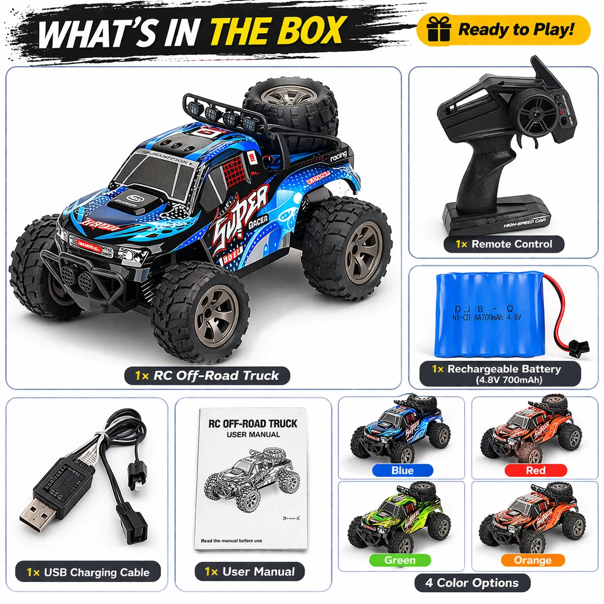 2.4GHz RC Off Road Car 1:18 High Speed Monster Truck Rechargeable Kids Toy Gifts