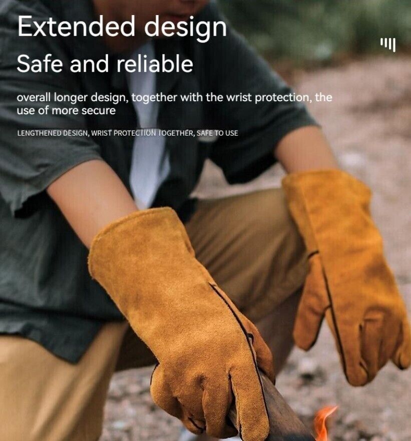 Outdoor Camp BBQ Long Anti-hot Gloves Cowhide Leather Heat Resistant Protection