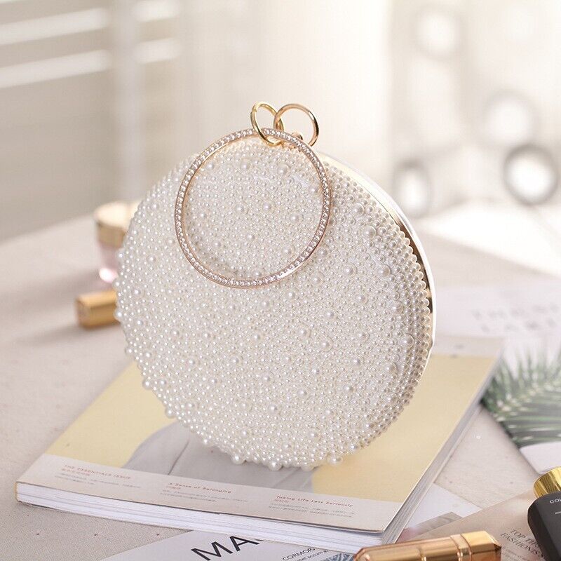 Fashion Woman Pearl Rhinestone Round Elegant Wedding Clutch Evening Party Bag