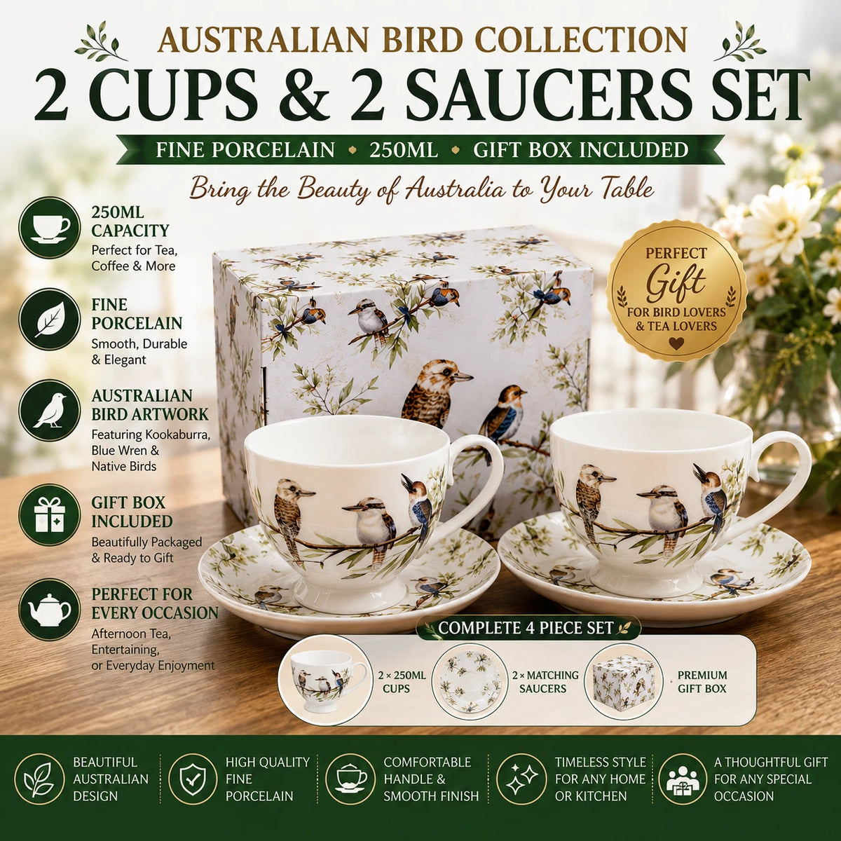 Set of 2 Cups & Saucers 250cc Australian Bird Kookaburra Fine Porcelain Gift Box