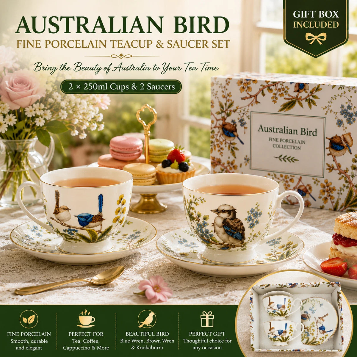 Set of 2 Cups & Saucers 250cc Australian Birds Blue Wren Fine Porcelain Gift Box