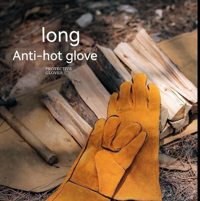 Outdoor Camp BBQ Long Anti-hot Gloves Cowhide Leather Heat Resistant Protection