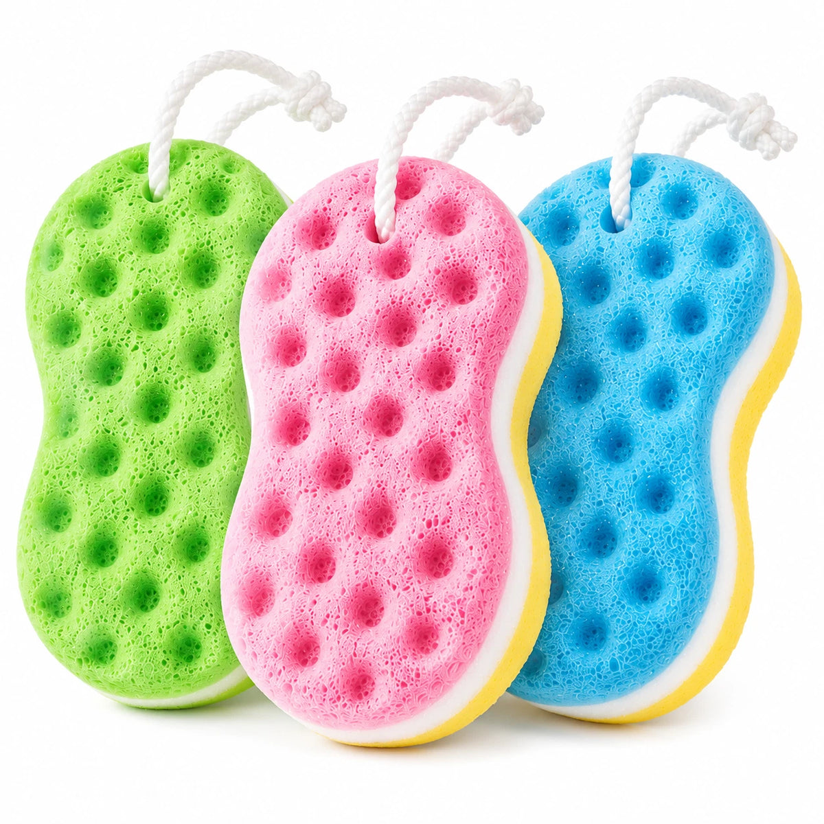 3x Bath Shower Sponge w Rope Deep Cleaning Body Scrubber Exfoliating Soft Foam