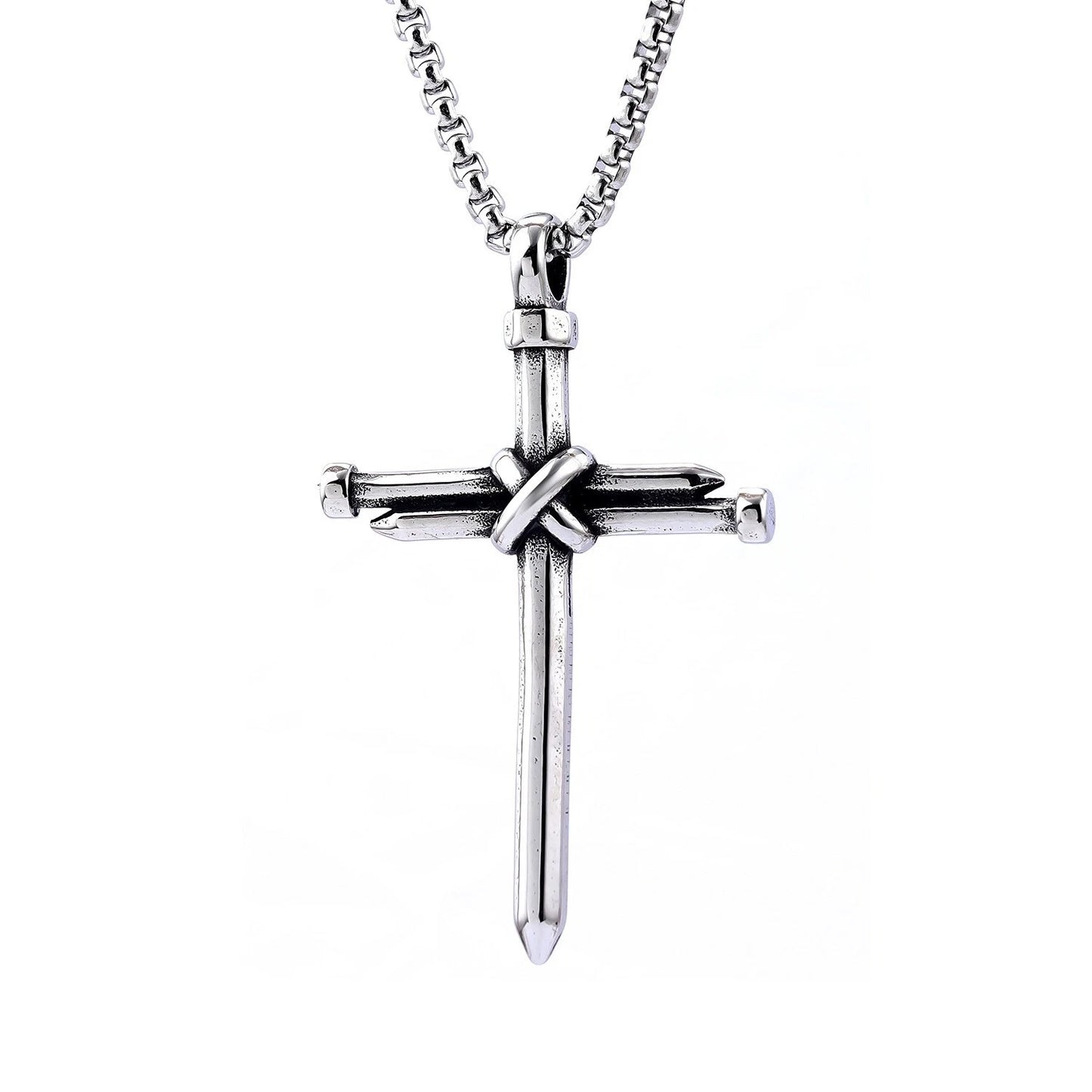 Men Stainless Steel Nail Cross Necklace Silver Crucifix Pendant Religious Jewelry Chain PN0328