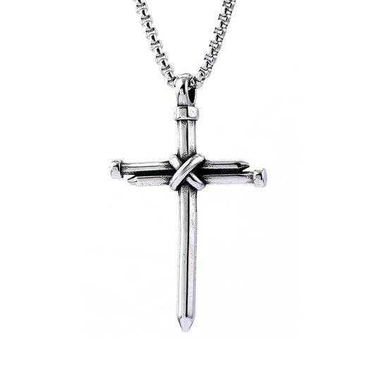 Men Stainless Steel Nail Cross Necklace Silver Crucifix Pendant Religious Jewelry Chain PN0328