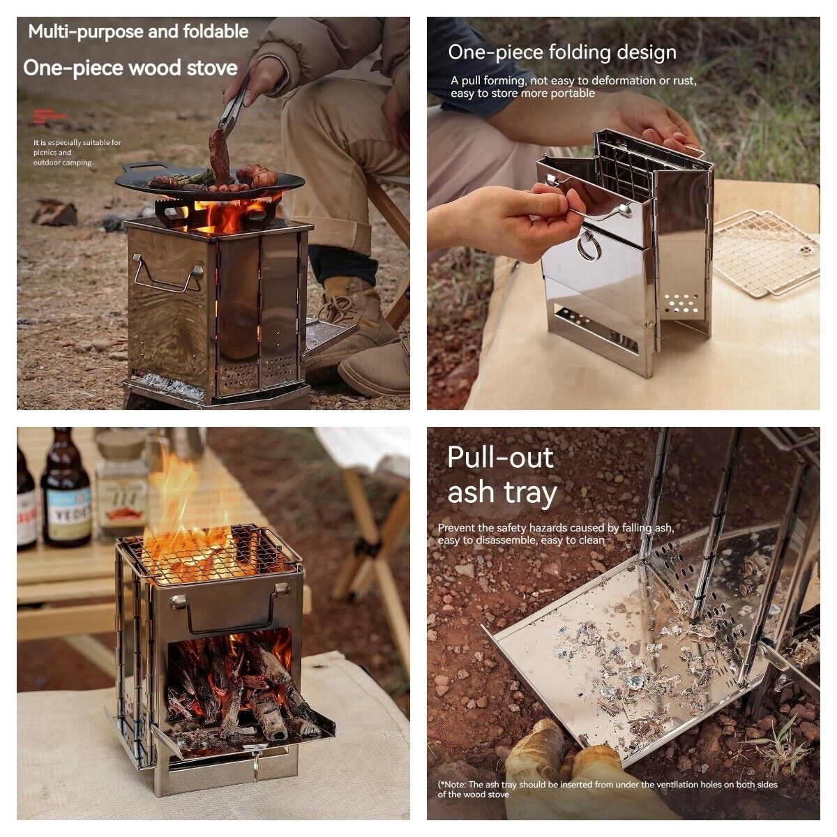 Outdoor Camping Mini Fold Wood Burner Stainless Steel Grill BBQ Picnic Charcoal