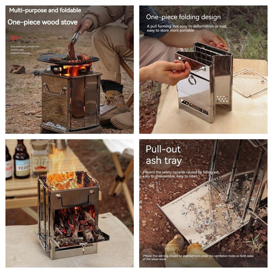 Outdoor Camping Mini Fold Wood Burner Stainless Steel Grill BBQ Picnic Charcoal