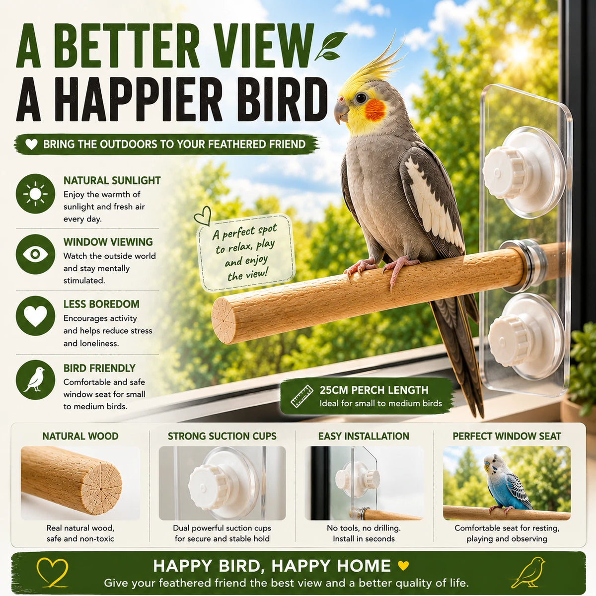 Natural Wood Bird Window Perch 25cm Suction Cup Seat Stand For Budgie Cockatiel