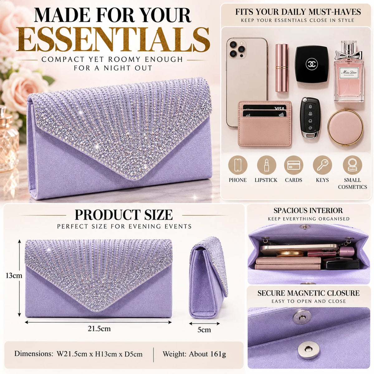 Women Rhinestone Satin Evening Clutch Bag Wedding Party Formal Bridal Handbag 12 Colour