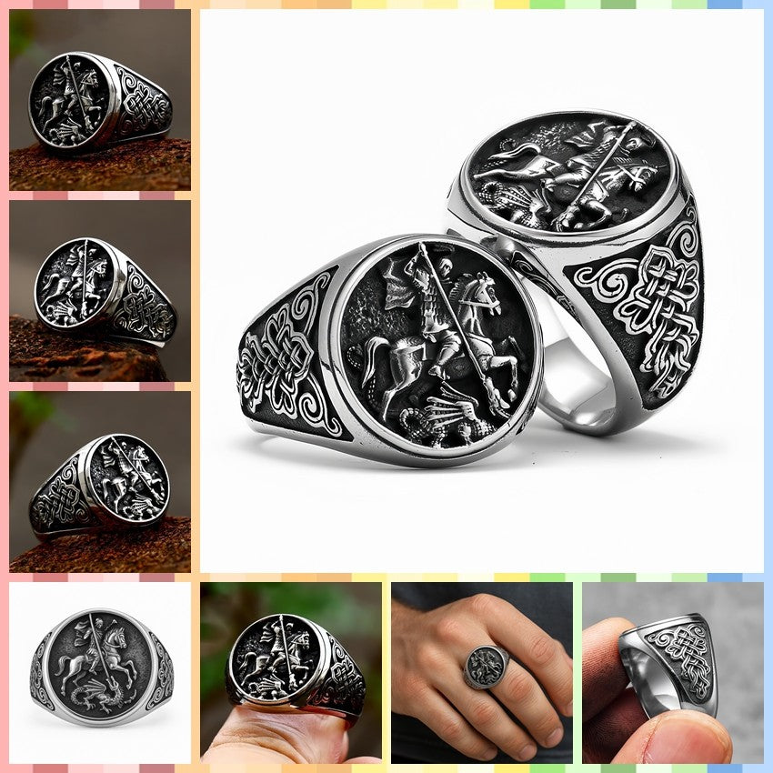 Men Stainless Steel Saint George Dragon Slayer Ring Knight Celtic Signet Jewelry # R280