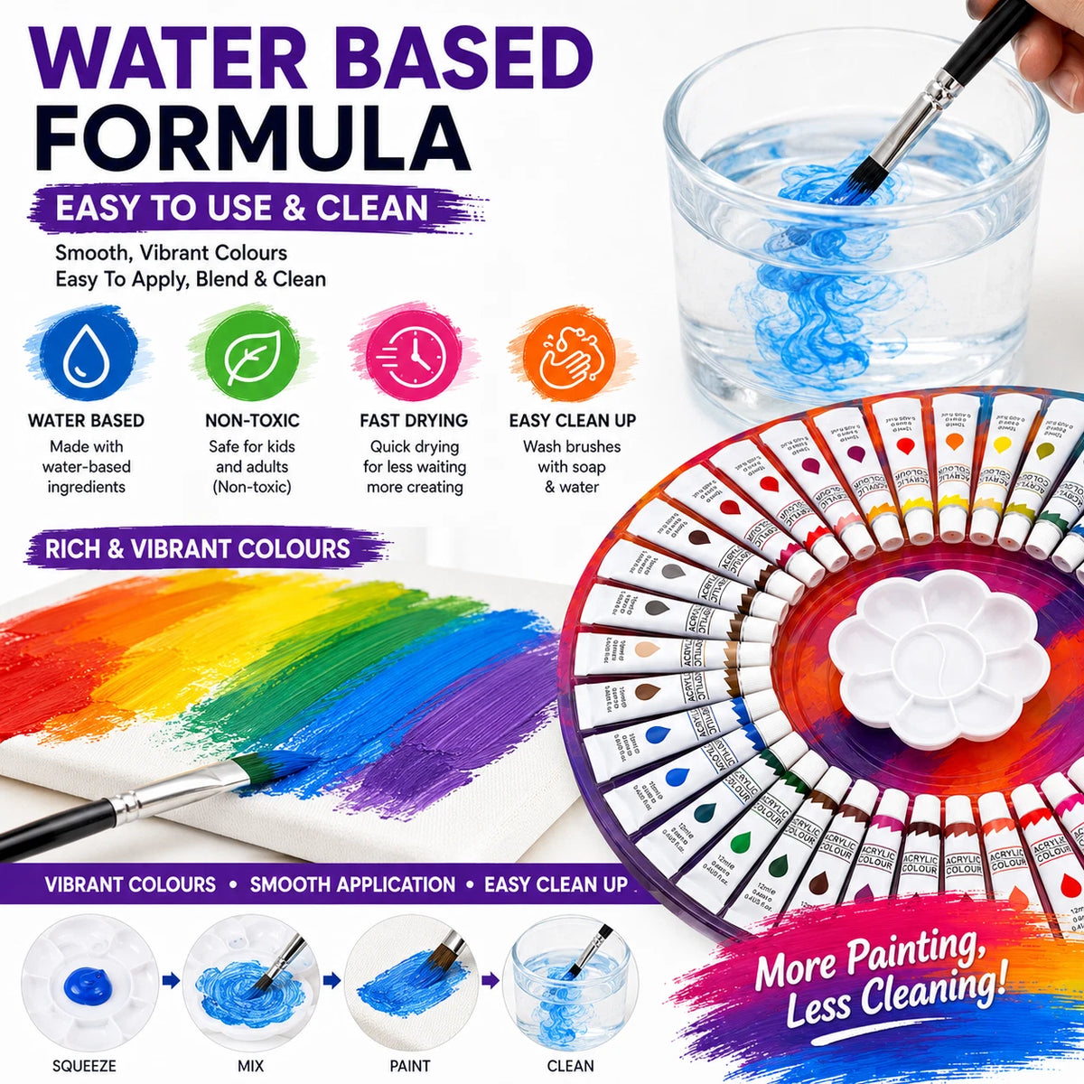 24 Colour Acrylic Paint Set 12ml Tubes with Palette Water Based Art Craft Paint