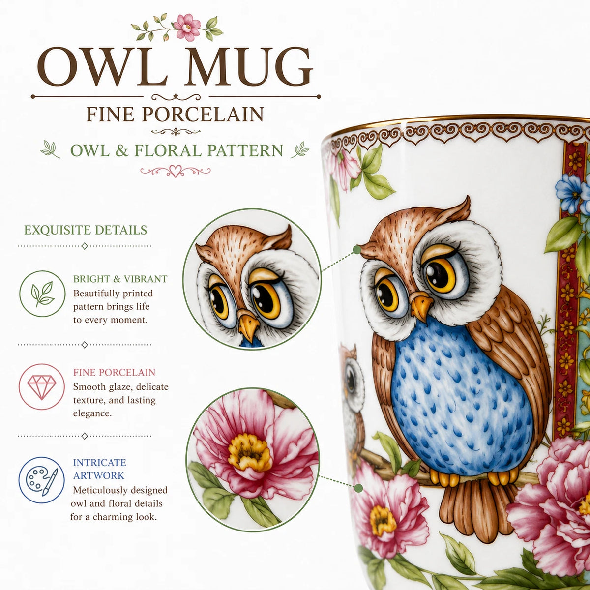 1-6x Owl 405ml Fine Porcelain Coffee Mug Tea Cup Floral Gift Box Gift Box