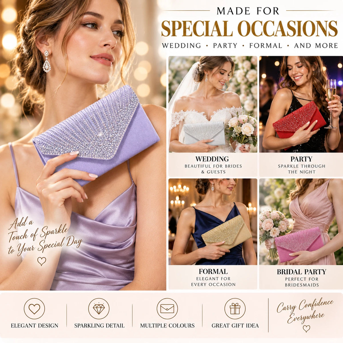 Women Rhinestone Satin Evening Clutch Bag Wedding Party Formal Bridal Handbag 12 Colour