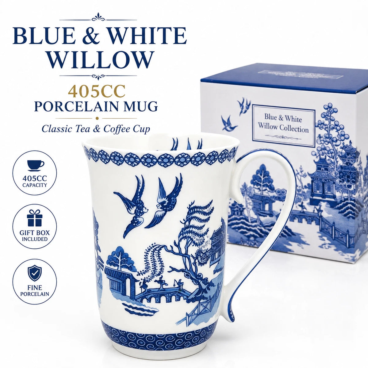 1-6x Classic Blue & White Willow Pattern Mug 405cc Porcelain Tea Coffee Cup Gift Set
