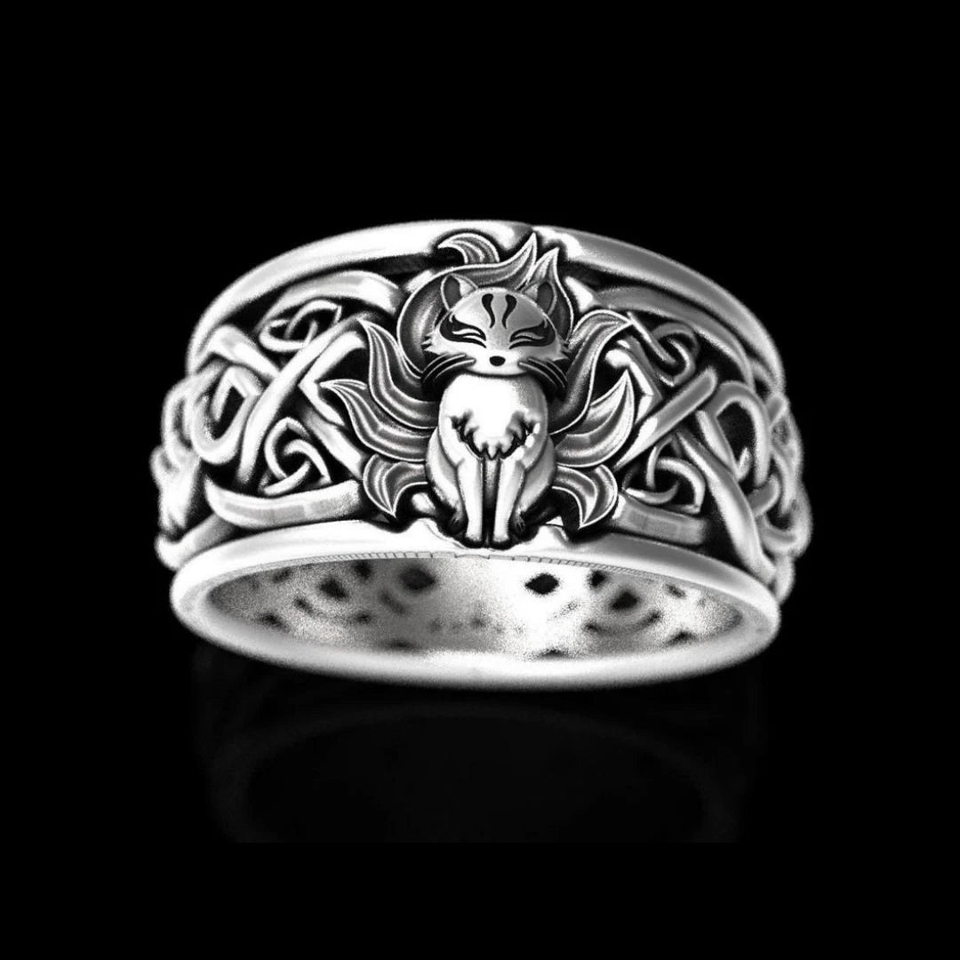 Men Nine-tailed Fox Ring Mythical Spirit Animal Jewelry Celtic Knot Wide Band # R256