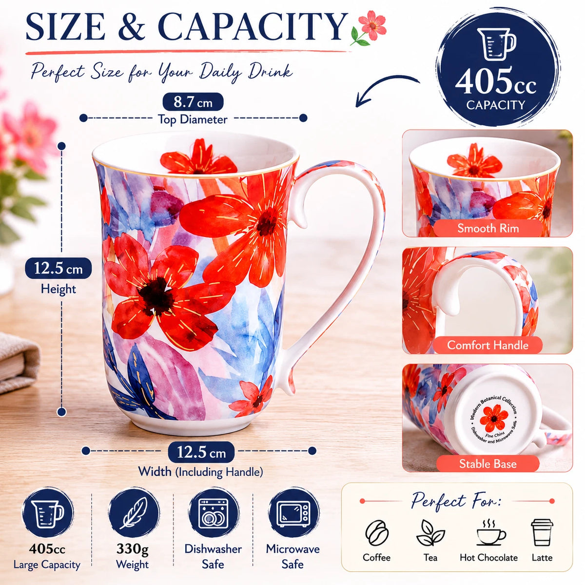 1-6x Watercolour Flora Fine Porcelain Coffee Mug 405cc Coral Flowers Tea Cup