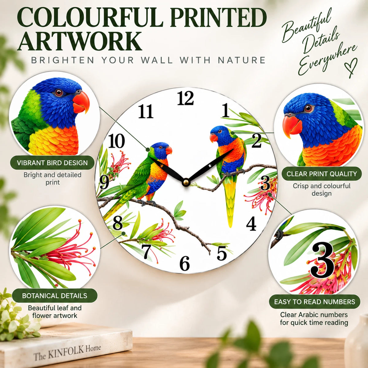 28.8cm Wall Clock Australian Birds Animal Wildlife MDF Round Home Decor