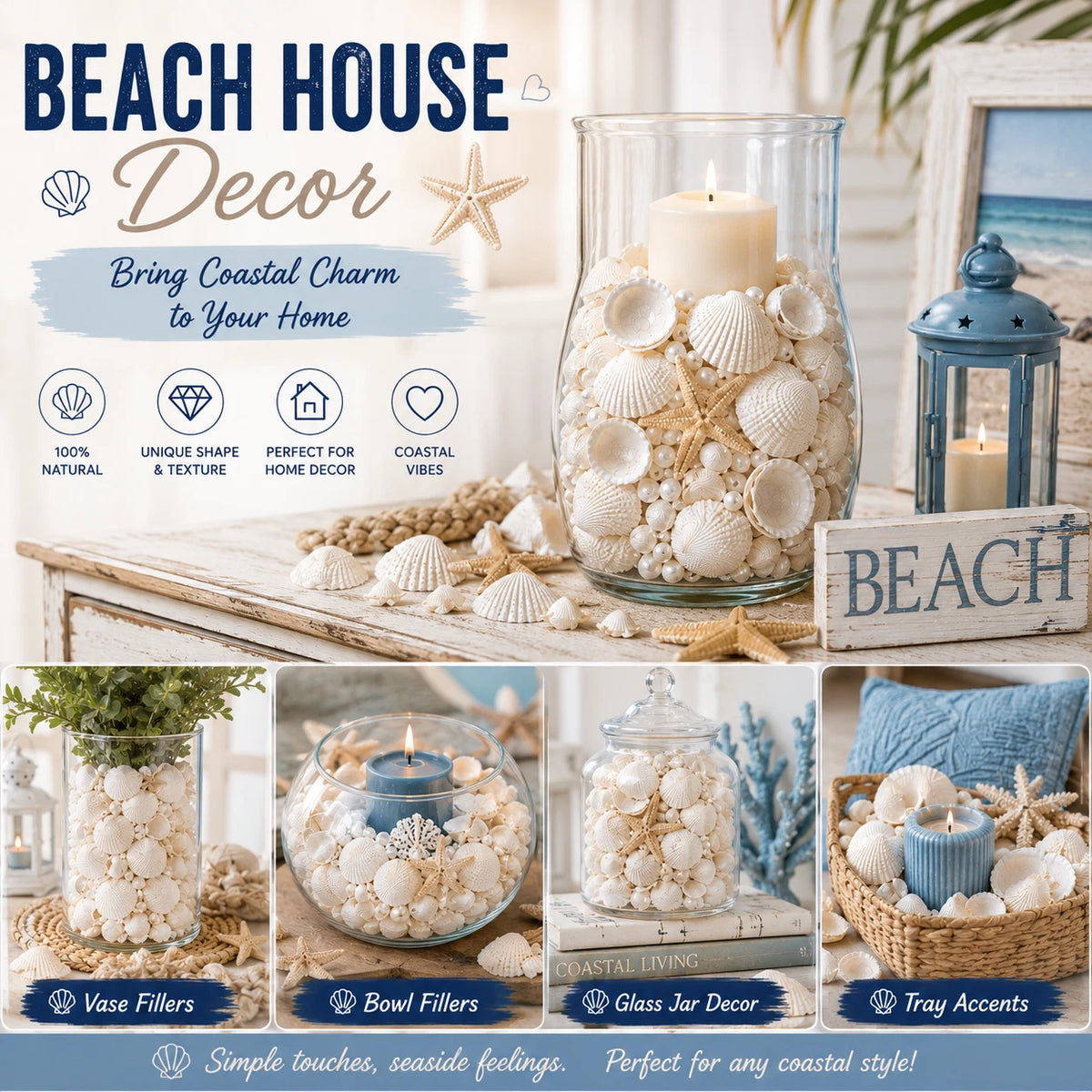2 Pack White Clam Seashells Shells Craft Jewelery Beads Aquarium Fish Tank Decor 100g Each