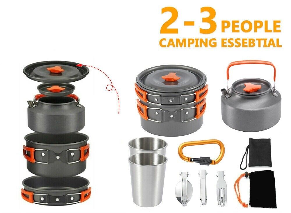 Outdoor Camping Cookware Set Hiking Cooking Portable Pot Pan Teapot 2-3 Persons