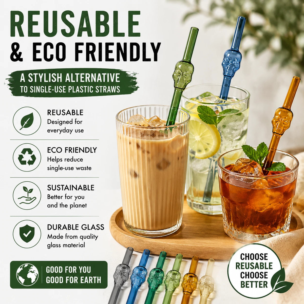 6PCS Skull Glass Drinking Straws 20cm Reusable Cocktail Barware Cleaning Brush