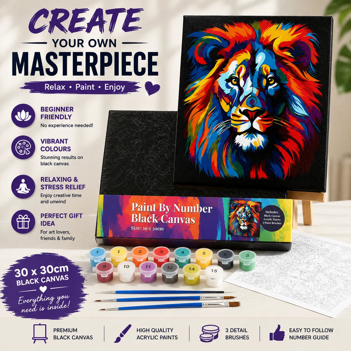 30x30cm Black Canvas Paint By Number Lion Kit DIY Acrylic Painting Art Gift