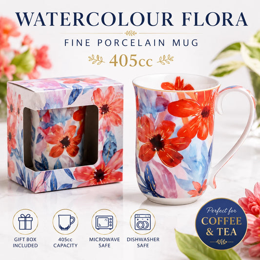 1-6x Watercolour Flora Fine Porcelain Coffee Mug 405cc Coral Flowers Tea Cup