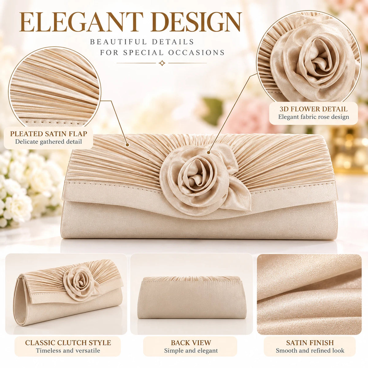 Women Satin Flower Evening Clutch Bag Wedding Party Prom Bridal Shoulder Handbag 15 Colour