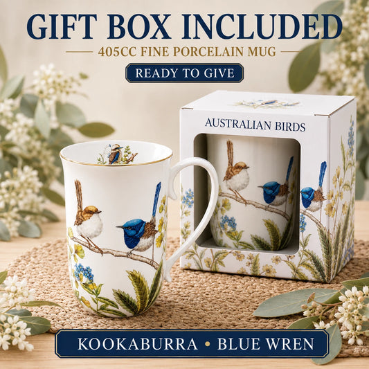 1-6x 405cc Australian Birds Fine Porcelain Mug Kookaburra Blue Wren Coffee Tea Gift