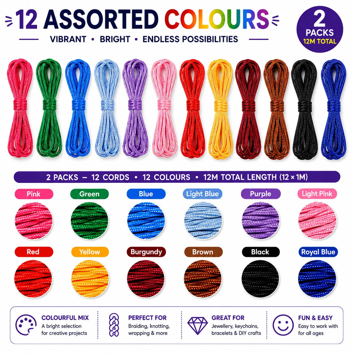 2 PACK Nylon Cord Assorted Colours Craft String Jewellery Braiding DIY 6 x 1M