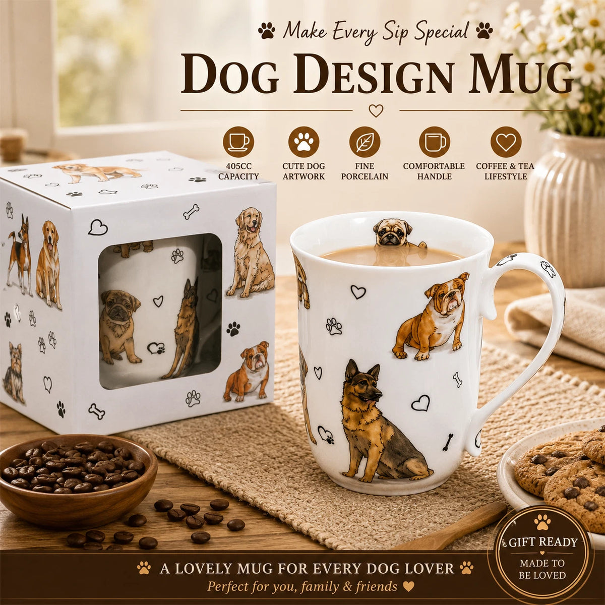 1-6x 405cc Cute Dog Fine Porcelain Mug Coffee Tea Cup Home Decor Gift Box