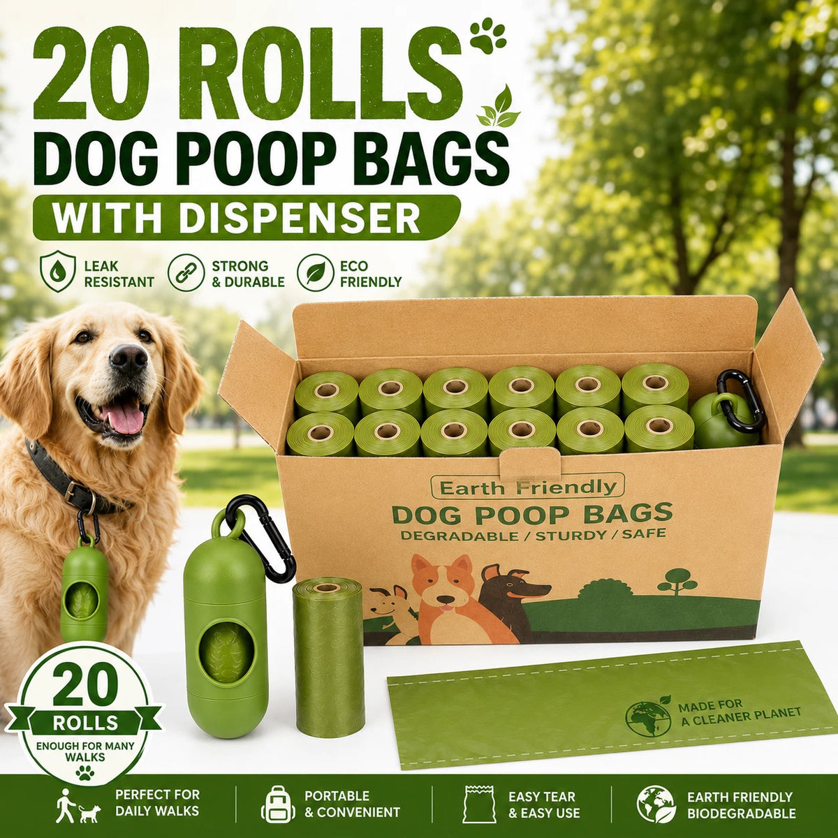 Share 20 Rolls Dog Poop Bags with Dispenser Strong Leak Resistant Waste Bags Easy Tear
