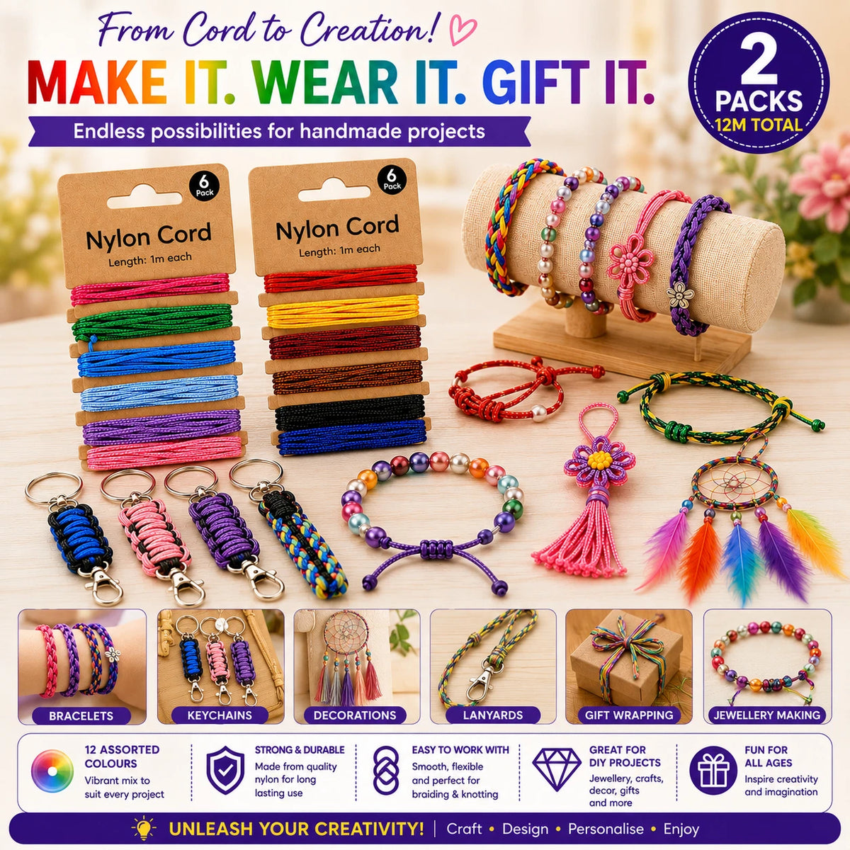 2 PACK Nylon Cord Assorted Colours Craft String Jewellery Braiding DIY 6 x 1M