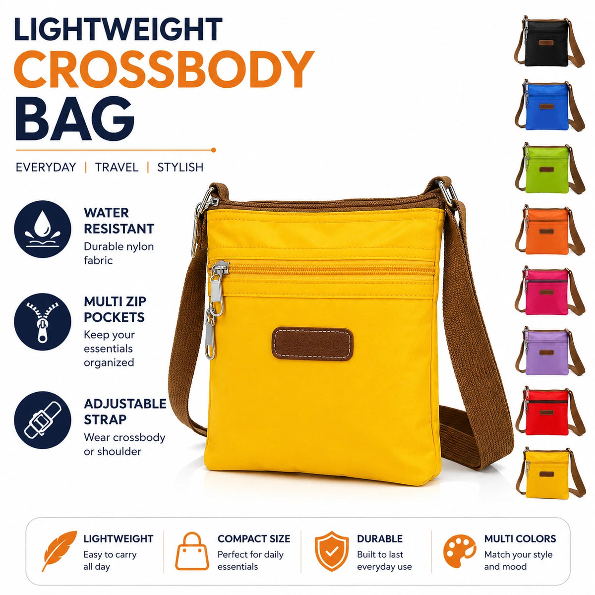 Women Lightweight Nylon Crossbody Bag Waterproof Travel Strap Shoulder Satchel