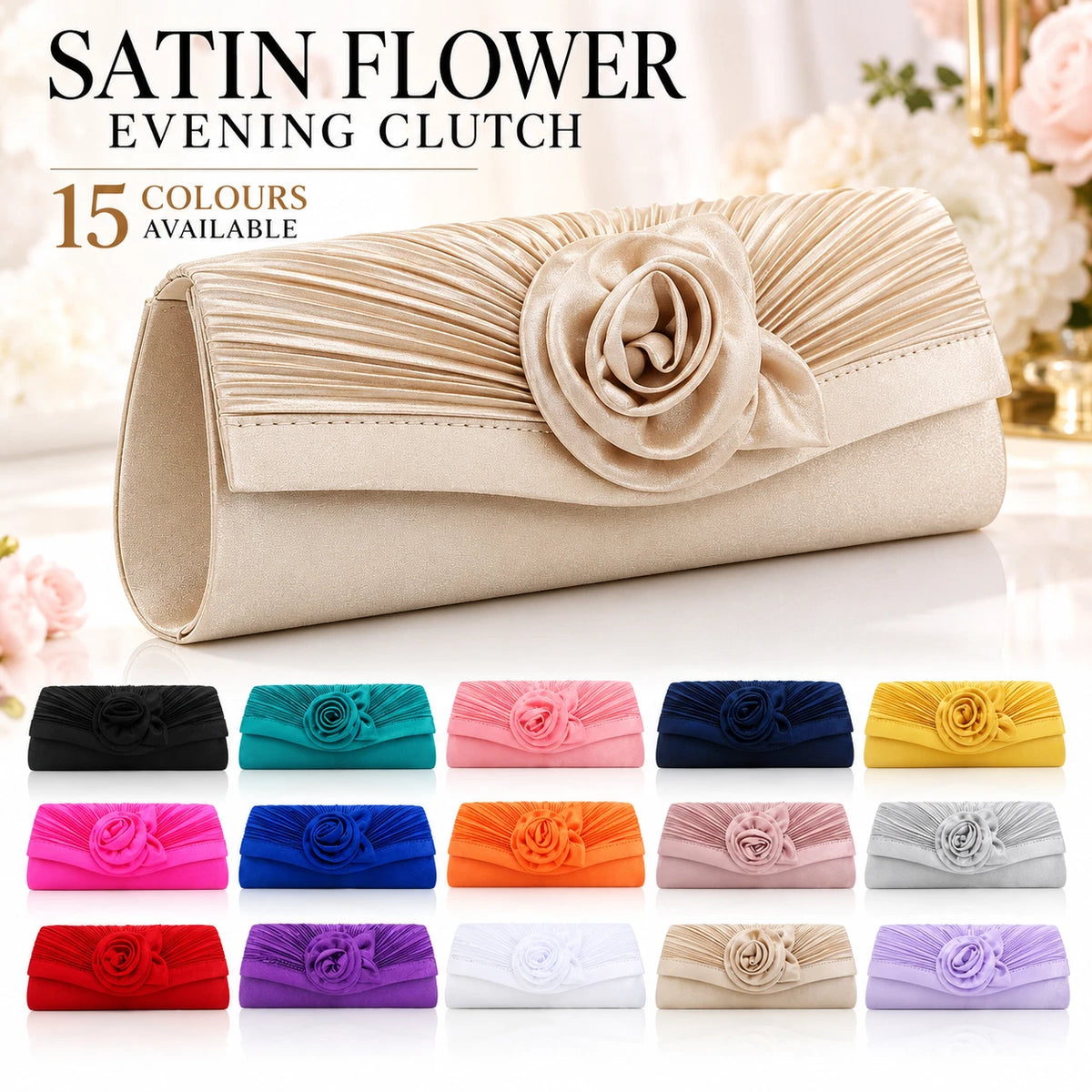 Women Satin Flower Evening Clutch Bag Wedding Party Prom Bridal Shoulder Handbag 15 Colour