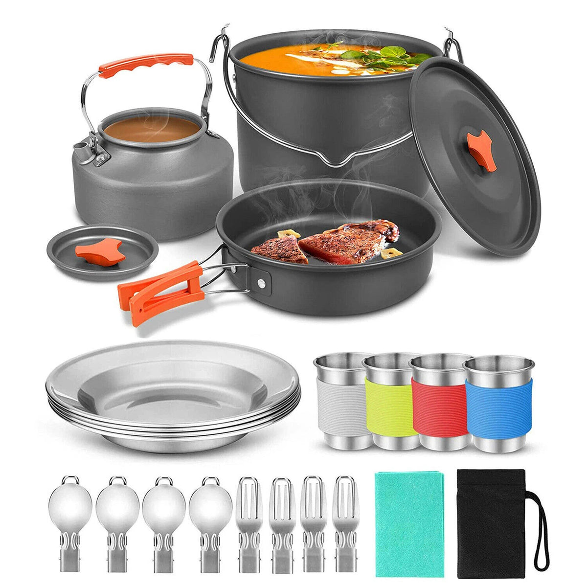 Camping Cookware Set 4 Person Outdoor Cooking Pot Pan Kettle Picnic Hiking Kit