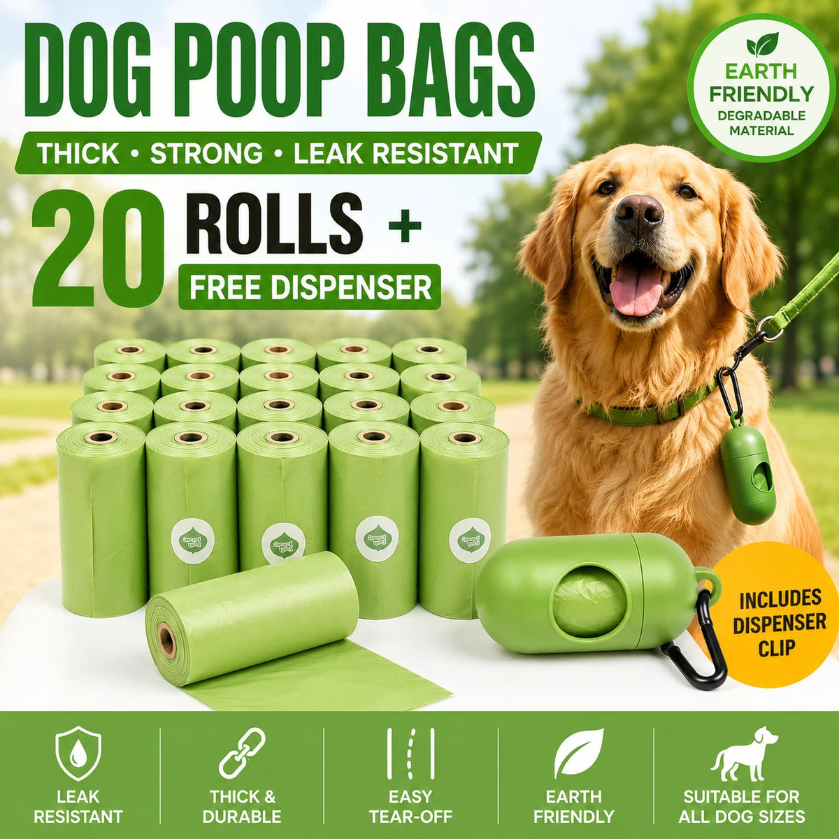 Share 20 Rolls Dog Poop Bags with Dispenser Strong Leak Resistant Waste Bags Easy Tear