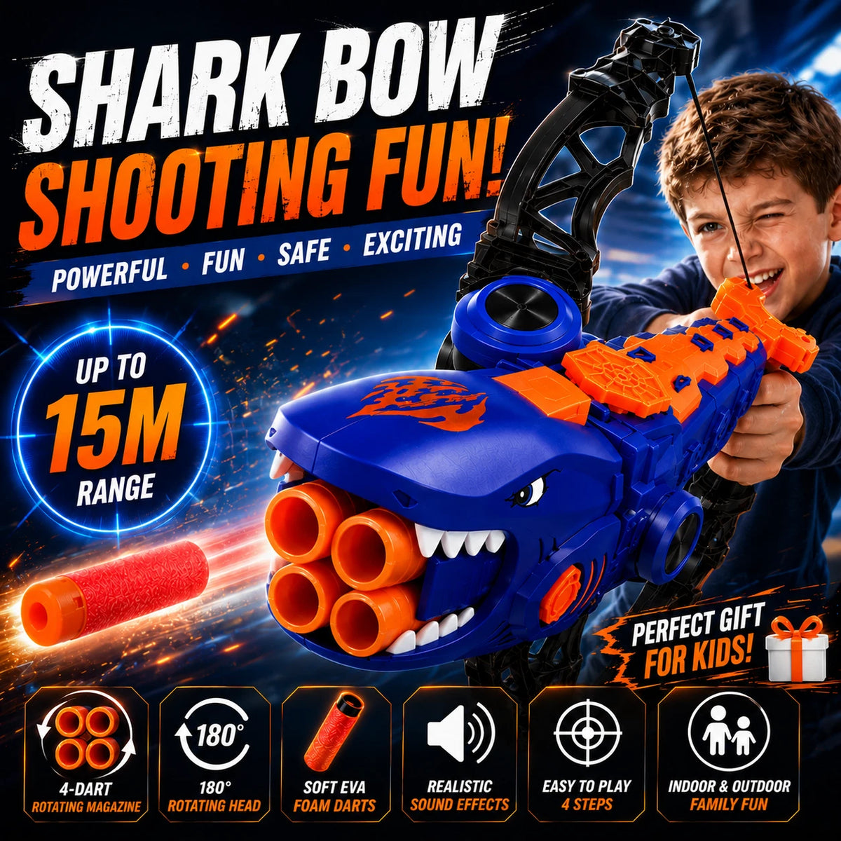 Shark Bow Foam Dart Toy EVA Soft Bullet Launcher 12 Darts Kids Target Game 6+