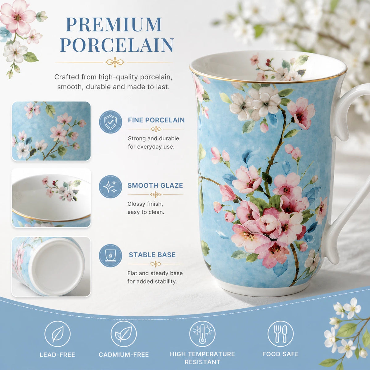 1-6x Blue Floral Porcelain Mug 405ml Vintage Peach Blossom Tea Coffee Cup Daily Gift