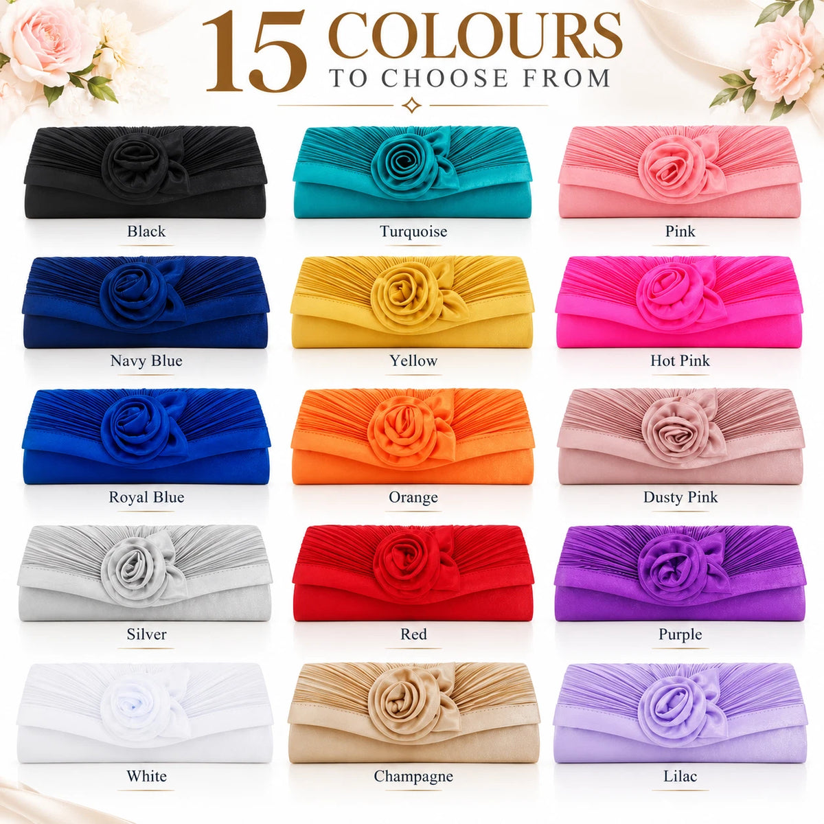 Women Satin Flower Evening Clutch Bag Wedding Party Prom Bridal Shoulder Handbag 15 Colour