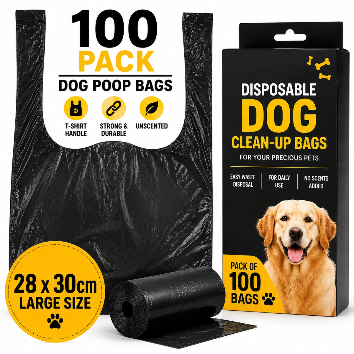 100x Dog Poop Bags Disposable Waste Bags Large 28x30cm T-Shirt Clean Up Black