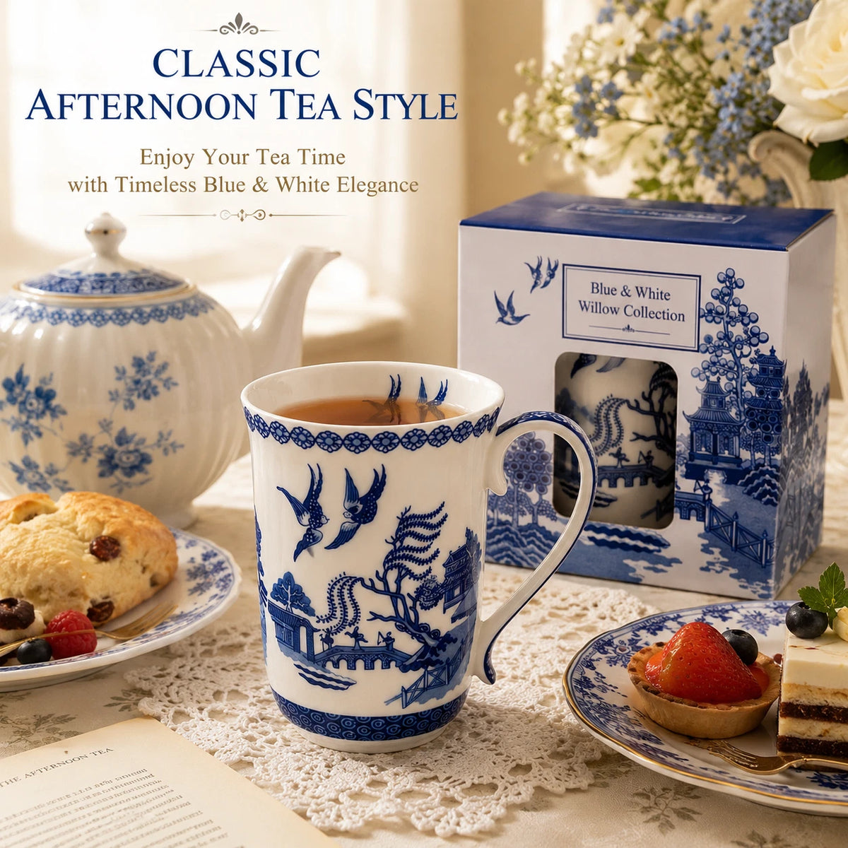 1-6x Classic Blue & White Willow Pattern Mug 405cc Porcelain Tea Coffee Cup Gift Set